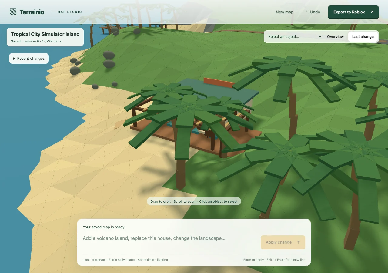 Actual local editor geometry preview: Buildable tropical city island with reserved future districts