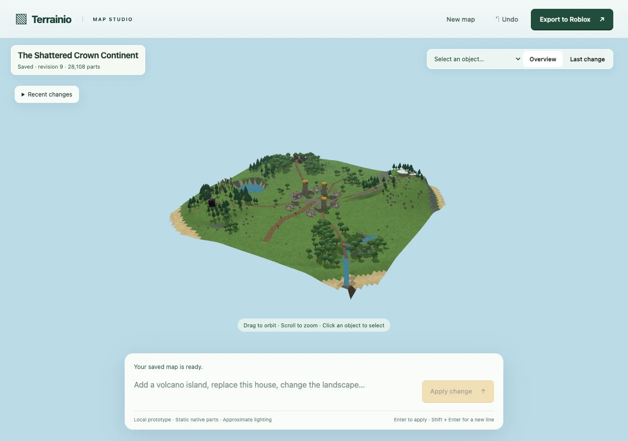 Actual local editor geometry preview: Six connected fantasy regions around ruins