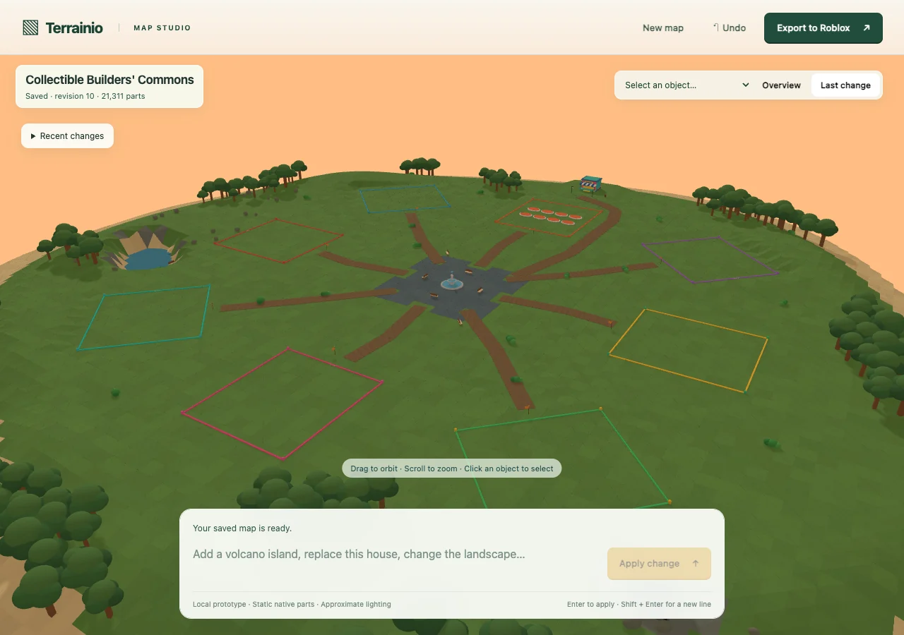 Actual local editor geometry preview: Eight spacious player plots around a central plaza