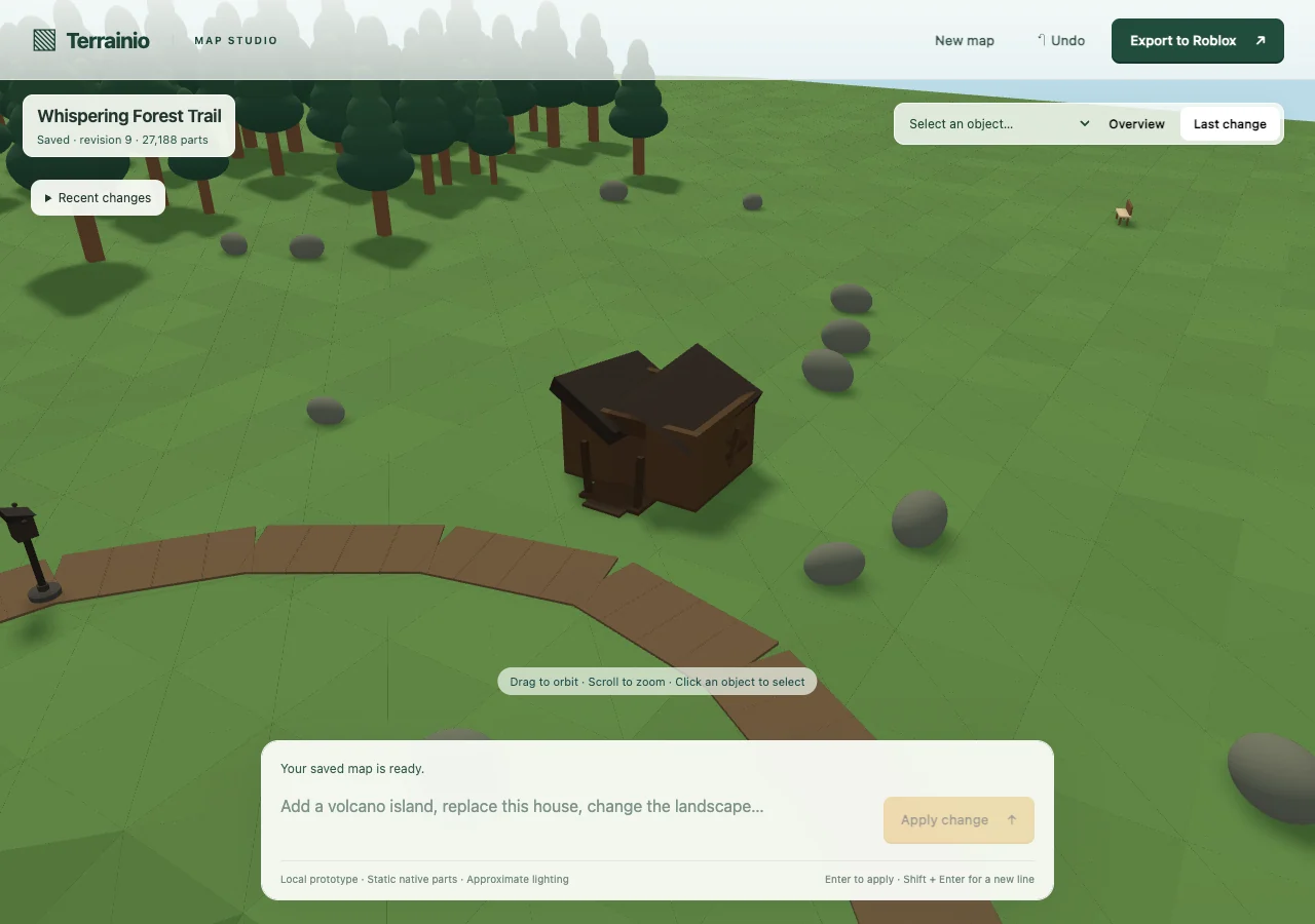 Actual local editor geometry preview: Forest trail revised toward a gentle looping horror walk