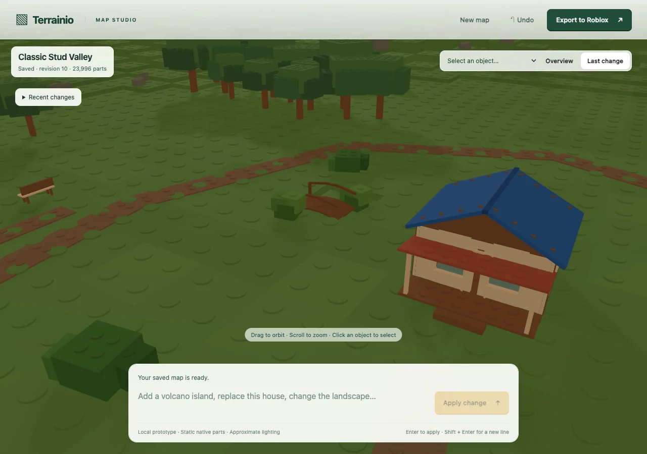 Actual local editor geometry preview: Classic studded wooden-house valley