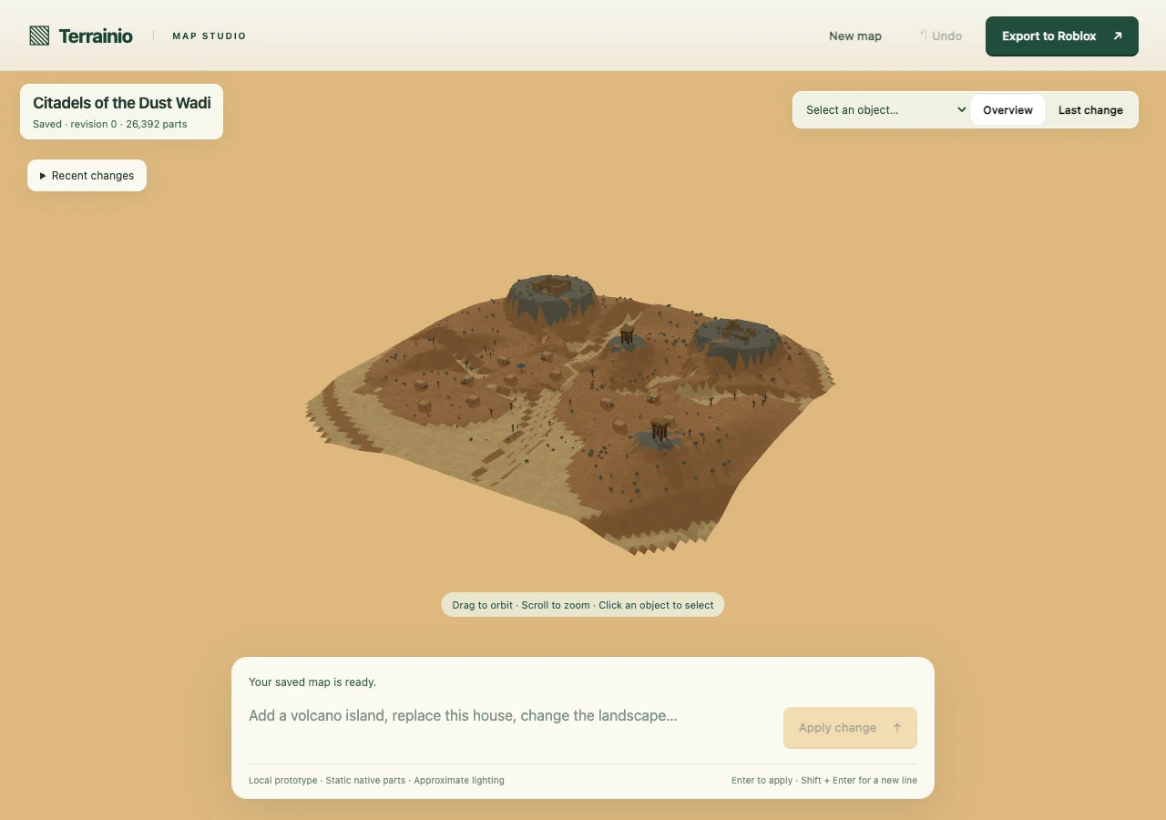 Actual local editor geometry preview: Spaced desert compounds and fortified high ground