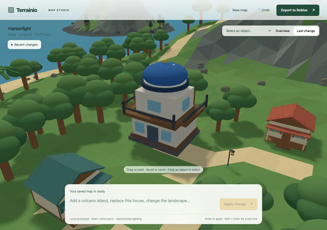 Actual browser preview of the two-story observatory with blue dome and upper balcony replacing one village cabin.