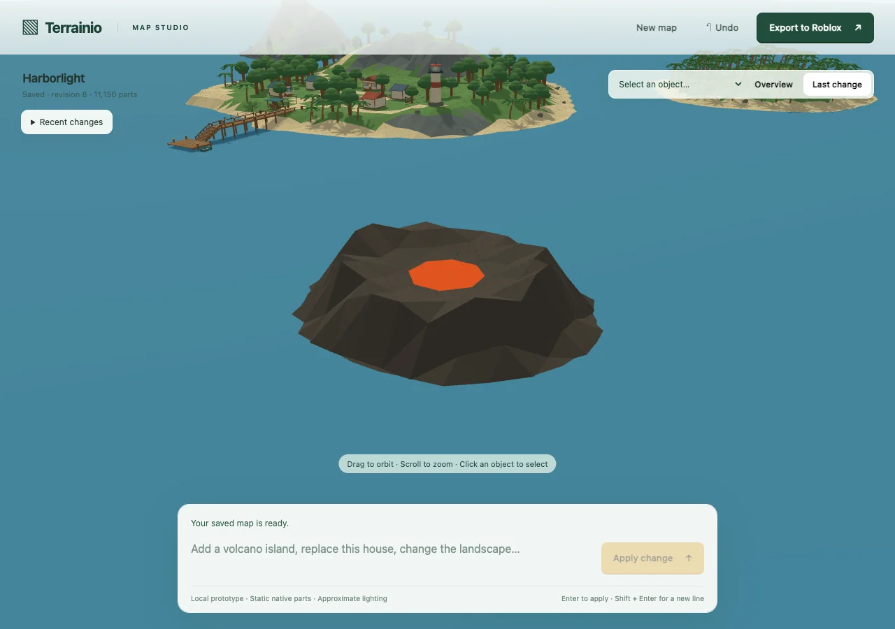 Actual preview of the added volcanic island with a broad crater and visible orange lava lake; the existing village remains in the distance.