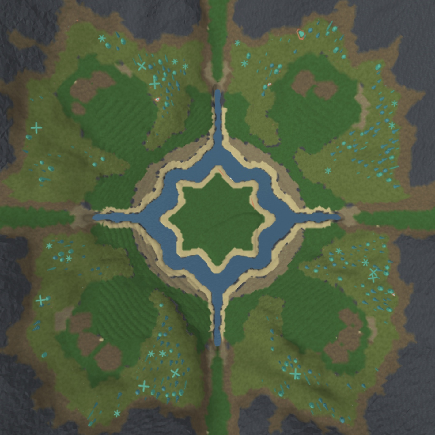 Top-down Roblox Studio view of a star-shaped central lake island, four radial rivers, contrasting meadow and forest regions, and a complete mountain perimeter.
