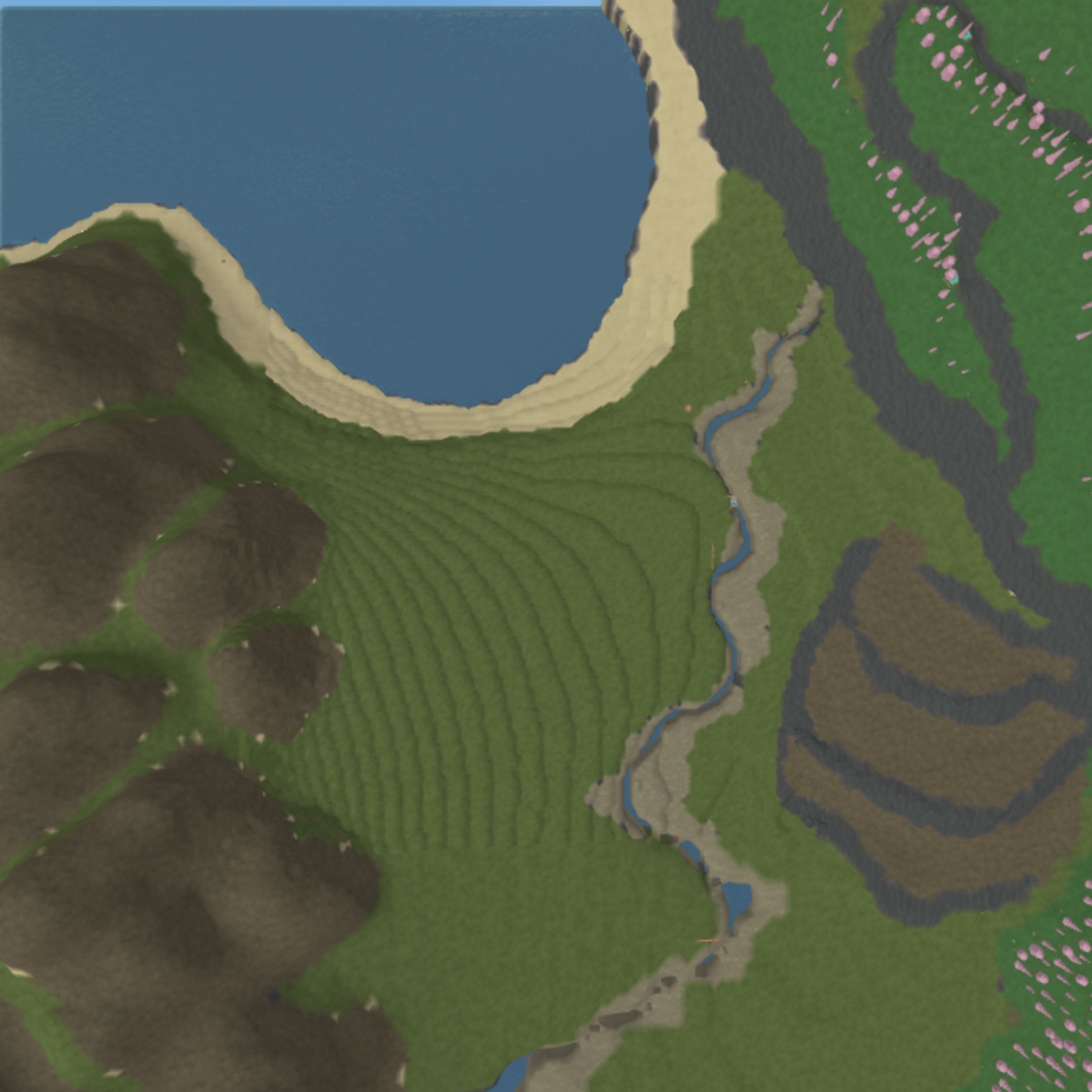Top-down Roblox Studio view of a crescent bay, beaches, a winding stream, stepped green fields, blossom-colored hills, a forested ridge, and open build terraces.