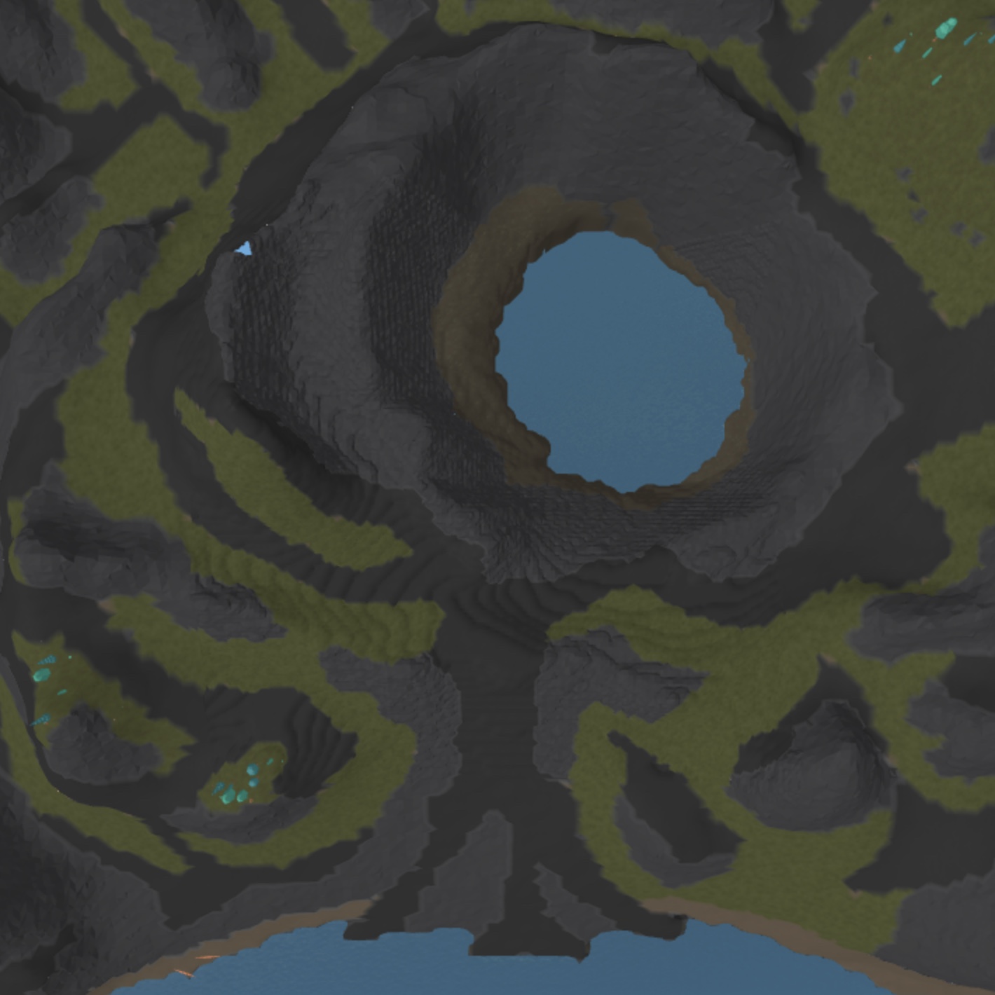 Top-down Roblox Studio view of an offset crater lake surrounded by black basalt ridges, slate ash, dark branching corridors, green recovery zones, and a coast.