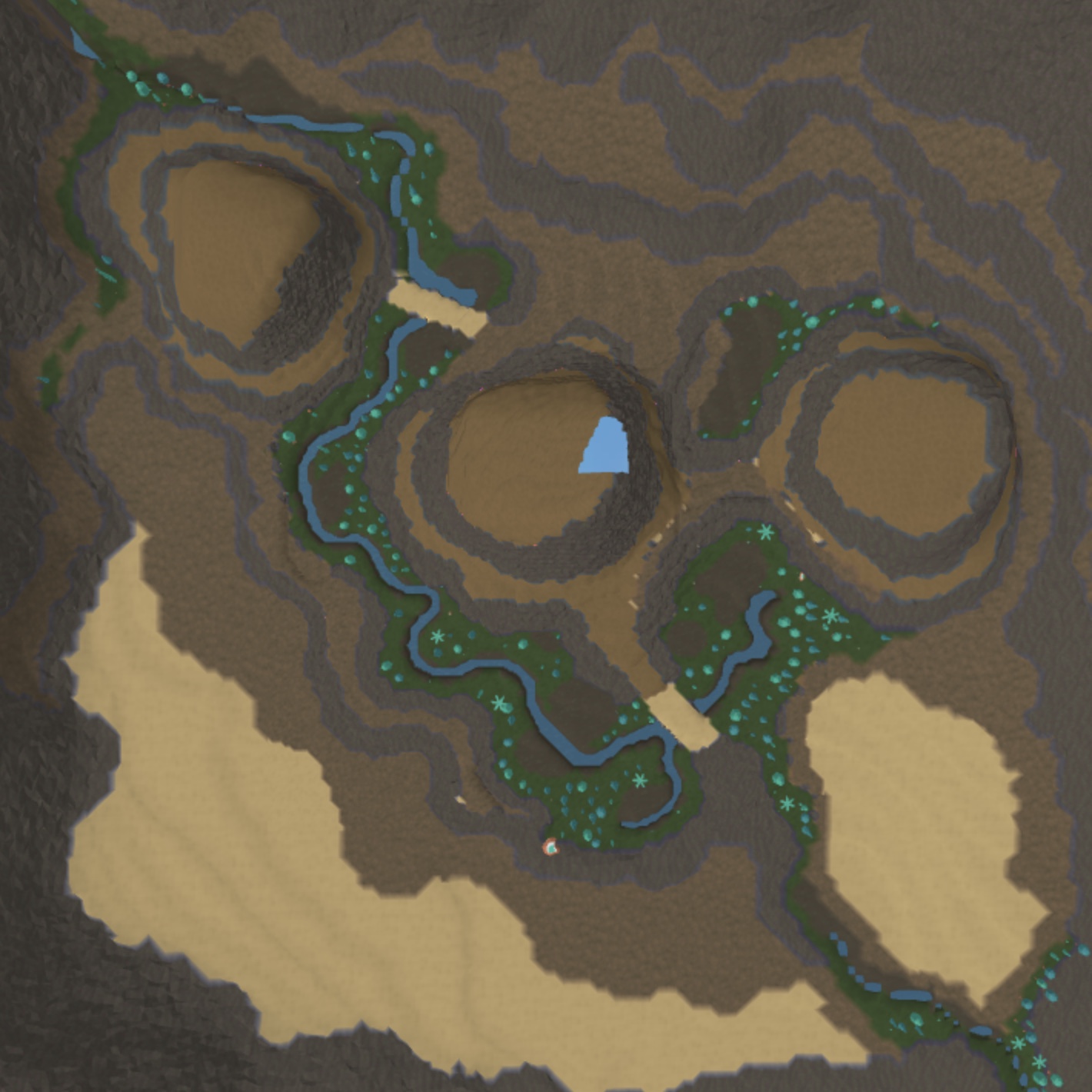 Top-down Roblox Studio view of red sandstone canyons, three flat mesas, a winding oasis river, pale dunes, a salt basin, crossings, and vegetation pockets.
