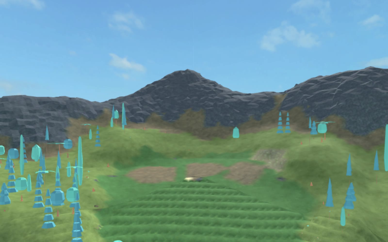 Wide landscape view across a western forest region with varied tree silhouettes, rolling terrain, and layered mountain materials in Roblox terrain