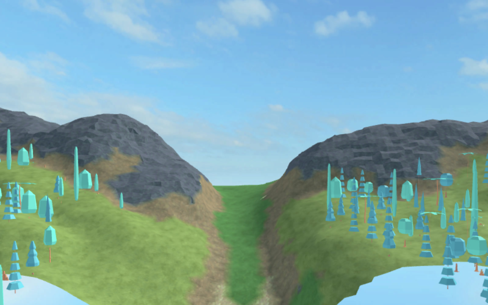 Reverse side view from the central sanctuary across a western passage, dense forest objects, rolling terrain, and the outer mountain ring in Roblox terrain
