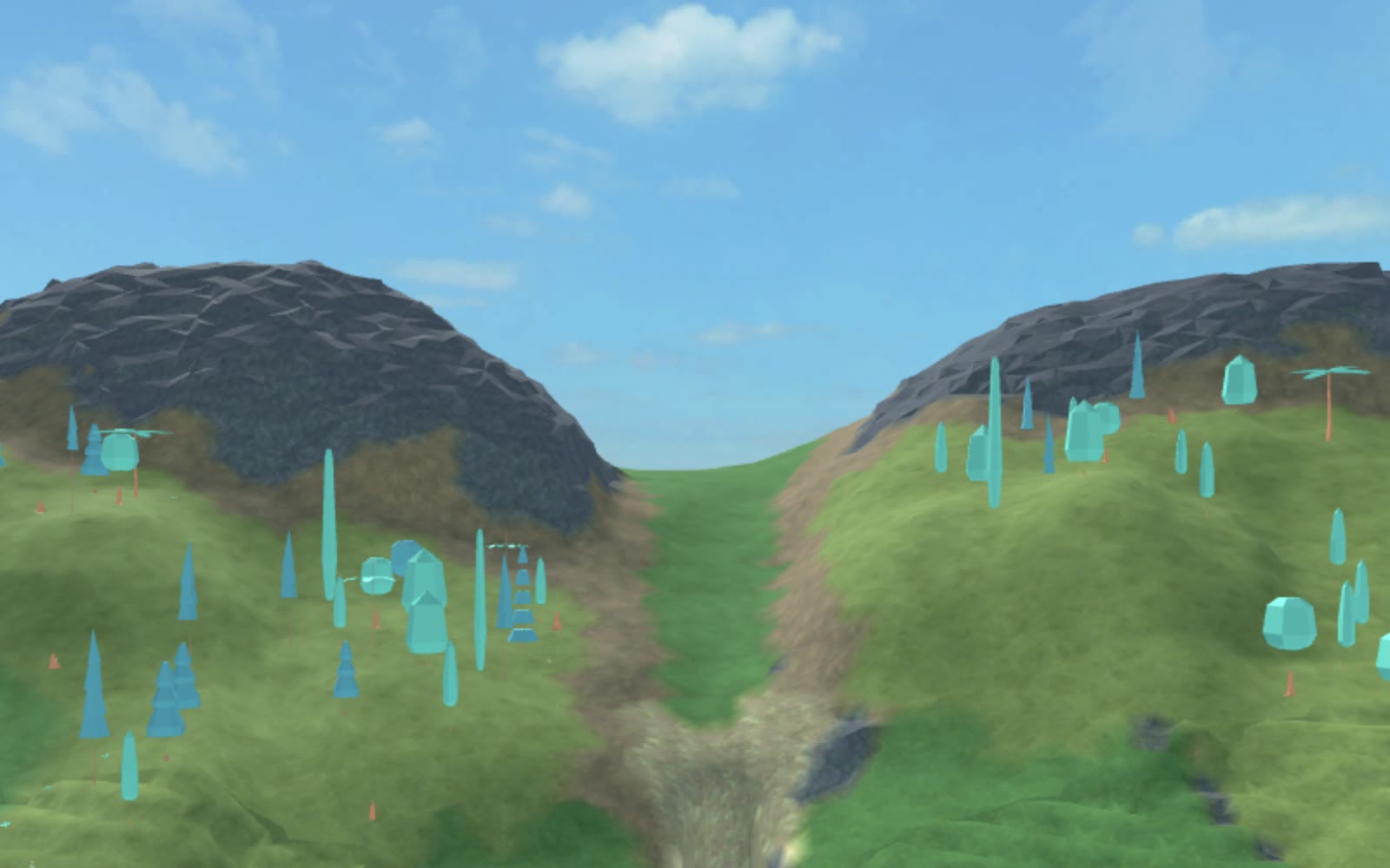 Cinematic side view from the central sanctuary across a forested northern pass and the enclosing mountain ring of a fantasy Roblox realm