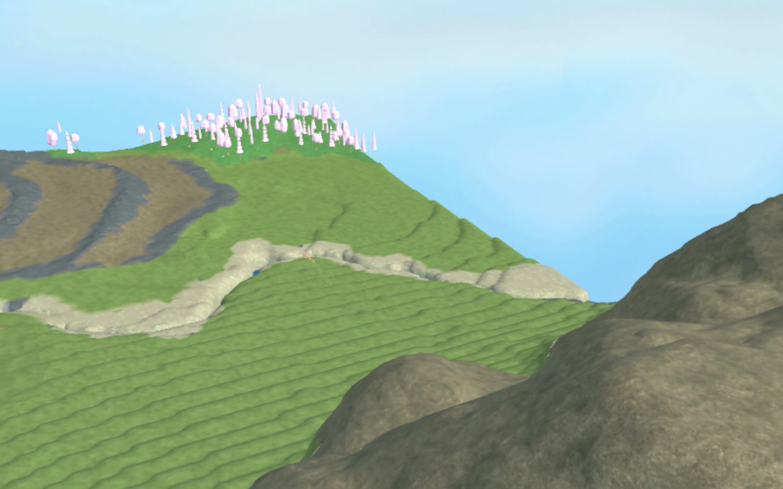 Cinematic side view of layered grass terraces, a stone-lined stream, blossom trees, and surrounding highlands in Roblox terrain