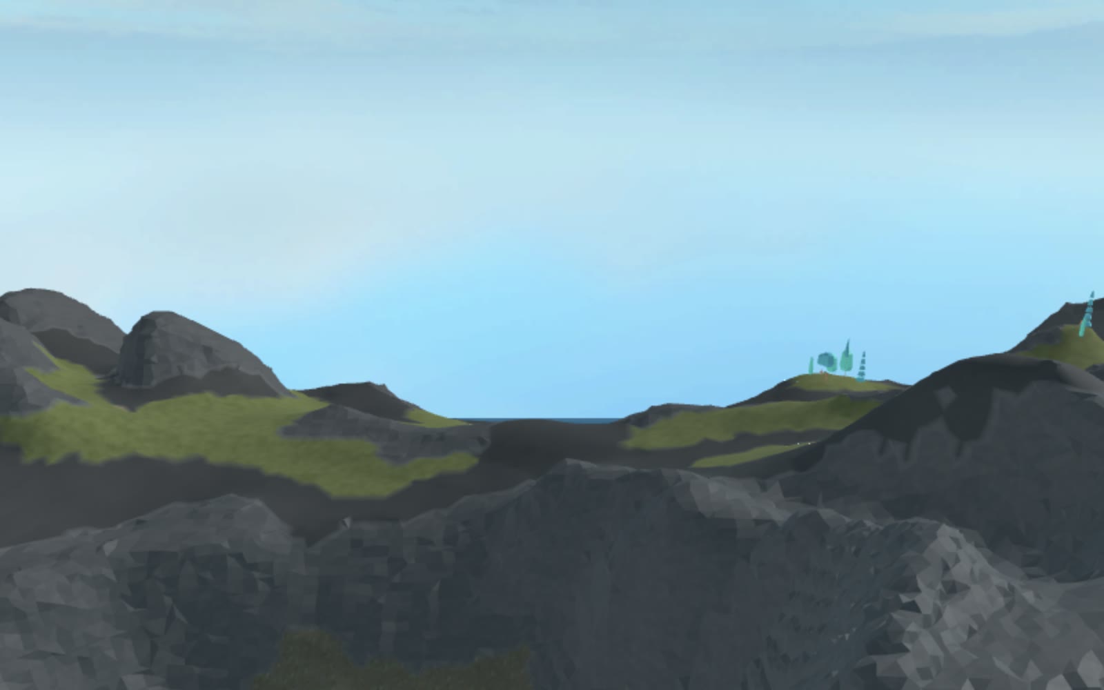 Cinematic low side angle across a broad basalt saddle, green recovery shelves, and enclosing volcanic ridges in Roblox terrain