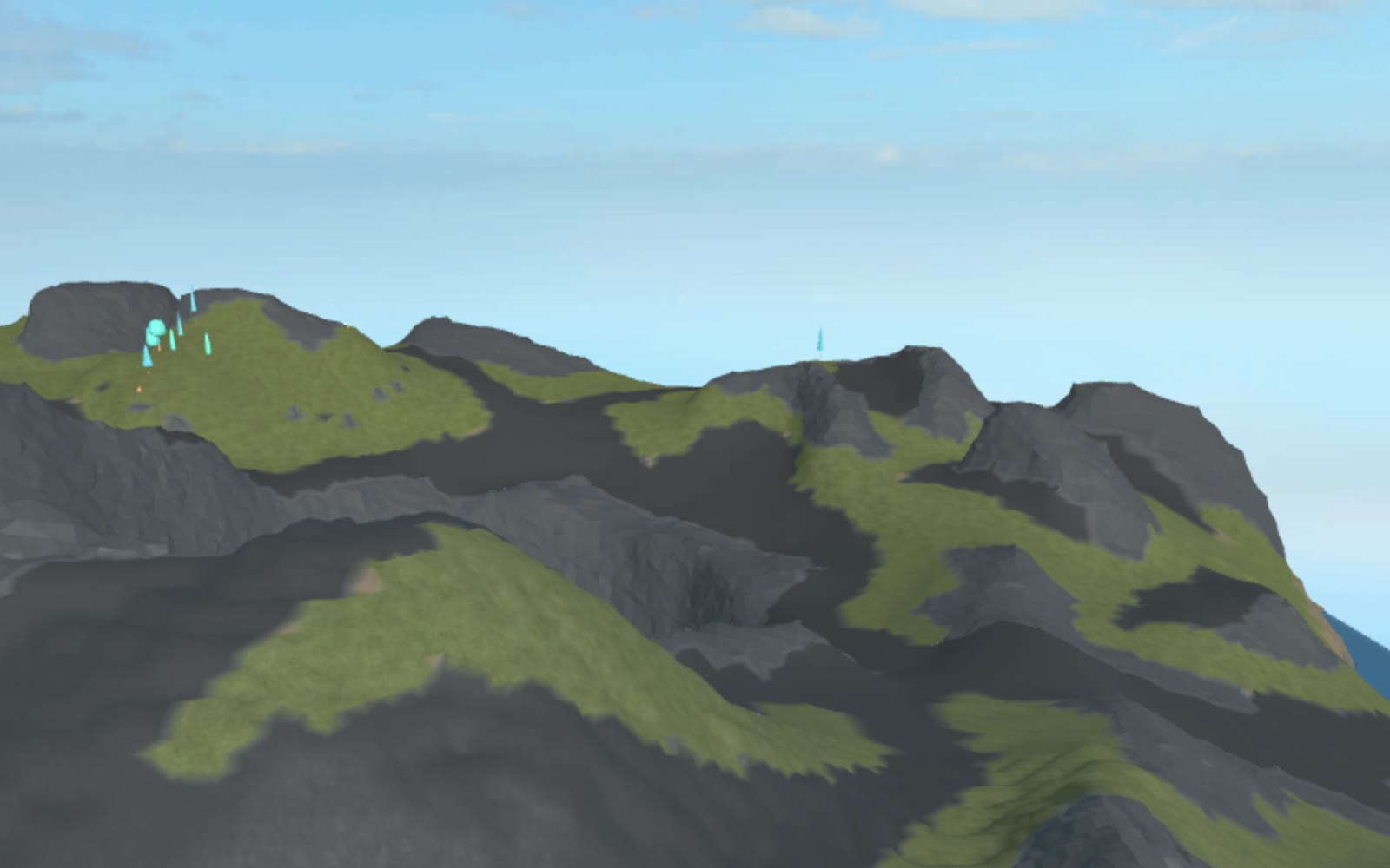 Wide bird's-eye view across a volcanic recovery basin with basalt walls, cooled-lava material bands, and sparse object dressing in Roblox terrain