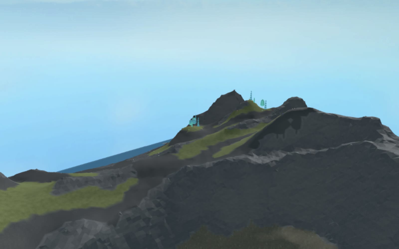 Long-lens side view across the outer volcanic caldera, layered basalt ridges, cooled flows, and sparse recovery vegetation in Roblox terrain