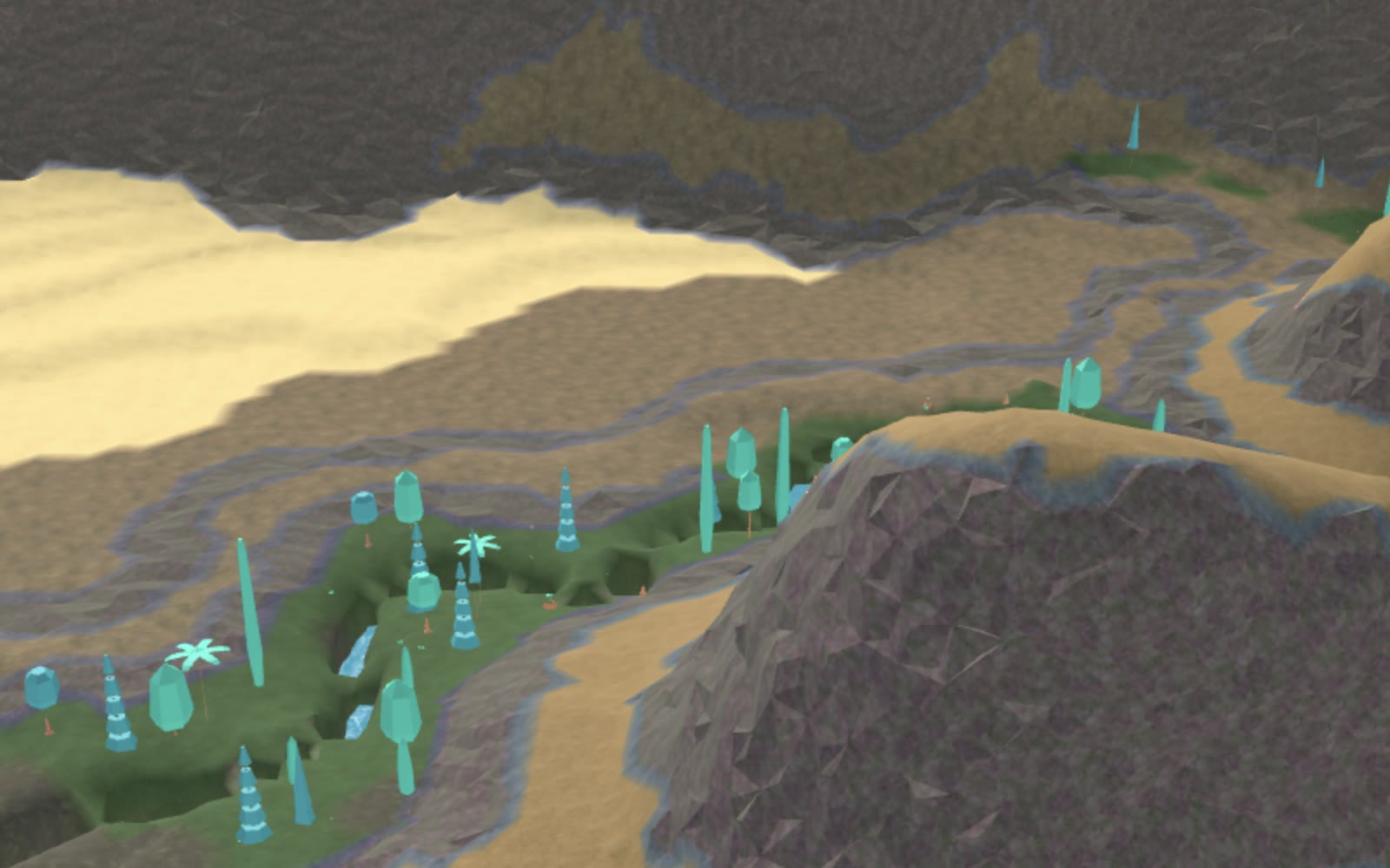 Cinematic side view across layered canyon mesas, winding routes, and several object-dressed oasis valleys in Roblox terrain
