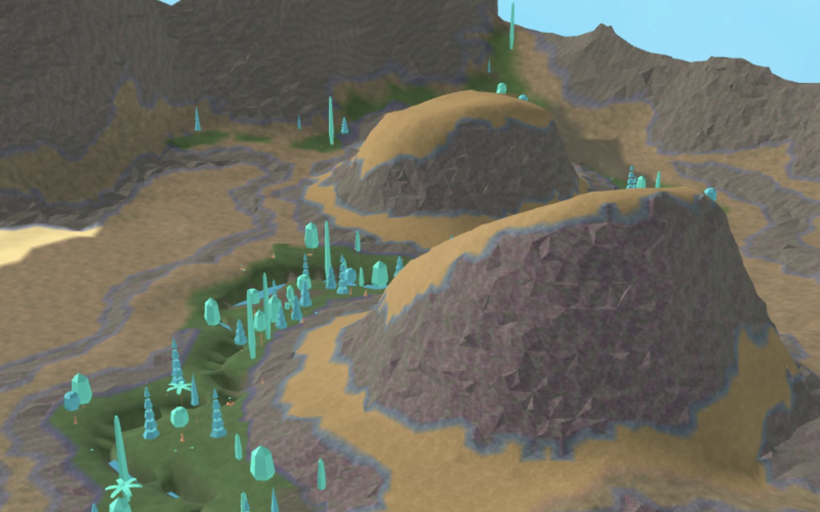 Wide side bird's-eye view across connected mesas, canyon routes, and object-dressed oasis pockets in Roblox terrain