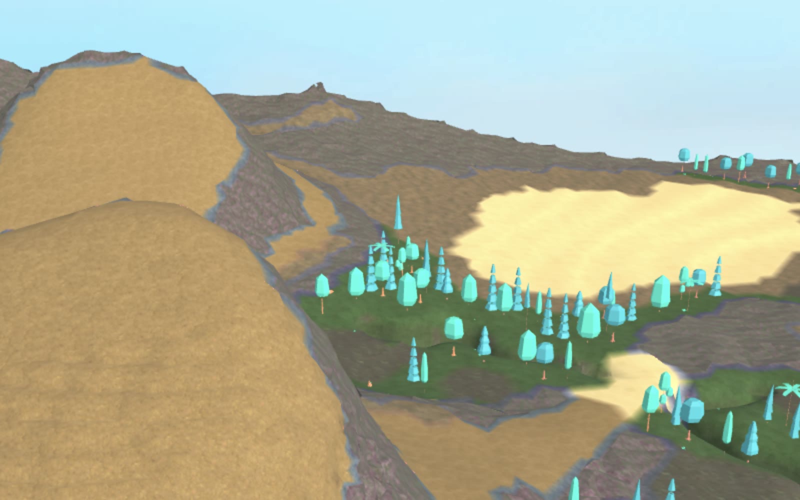 Reverse cinematic angle across a broad sand basin, branching rock routes, mesa walls, and planted play areas in Roblox terrain